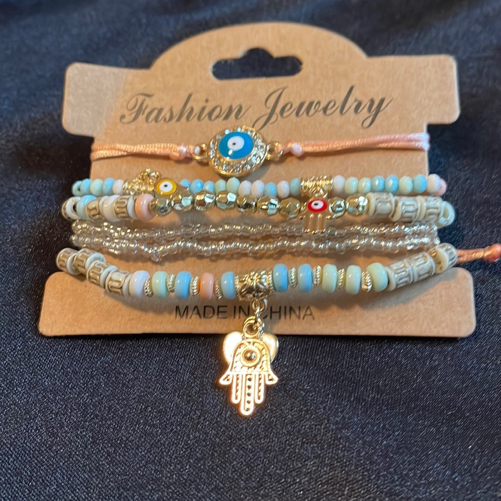 Hamsa Hand Evil Eye Protection Charm Beads Stackable Women Bracelet 6pc …